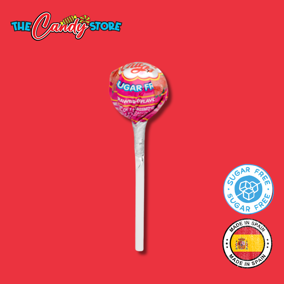 A sugar-free round lollipop with a pink and orange wrapper