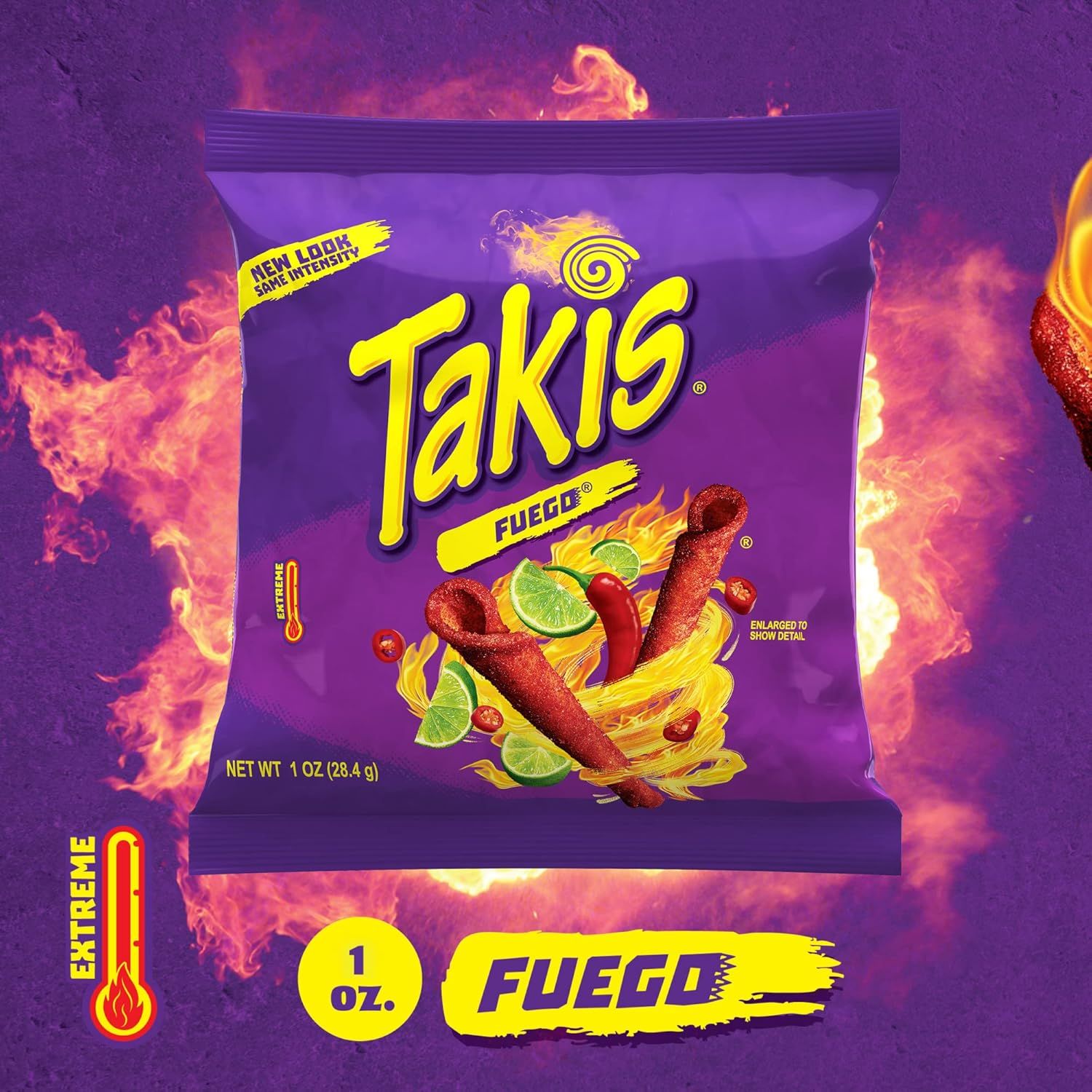 Takis Fuego snack package with fiery background