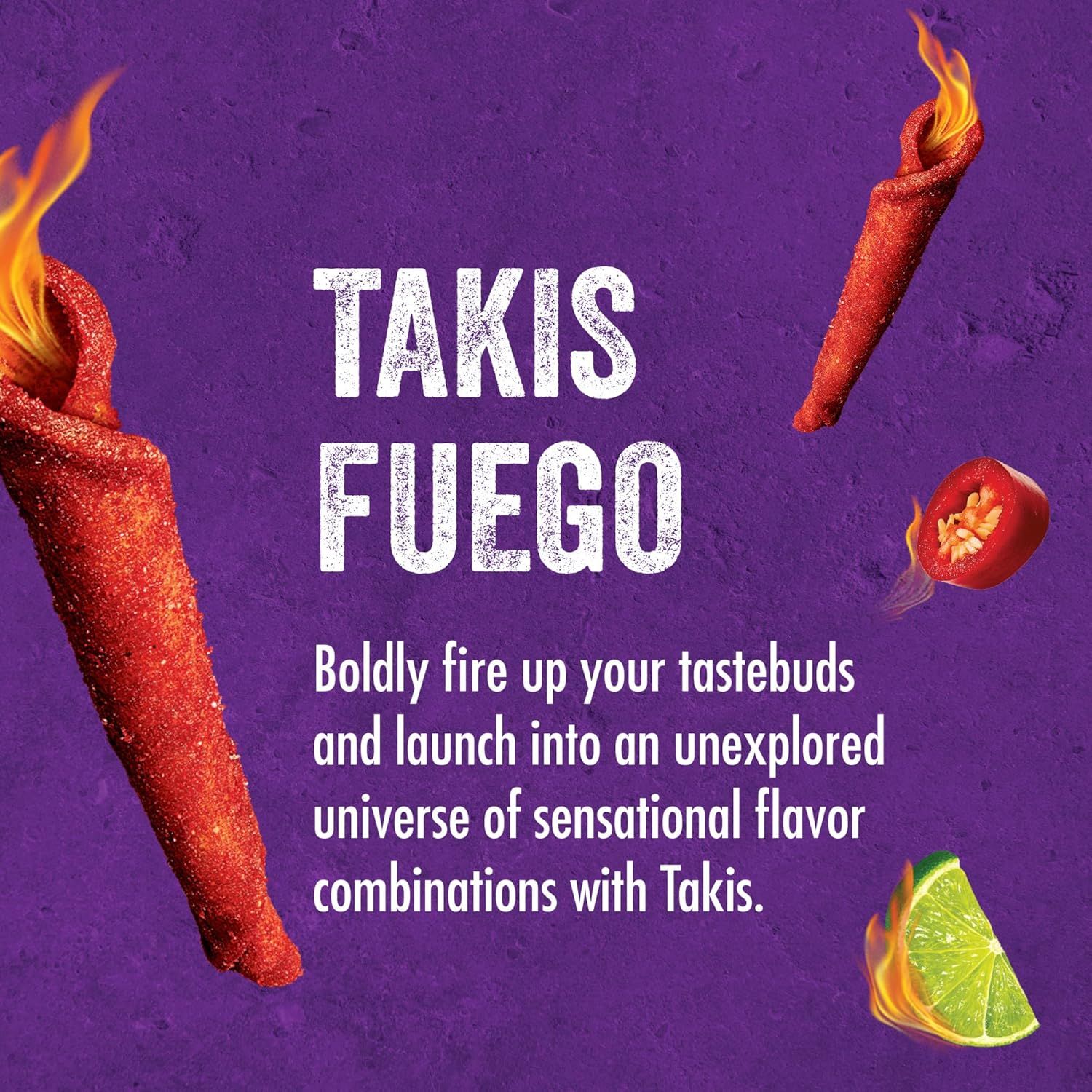 Takis Fuego advertisement with fiery taco sticks on a purple background