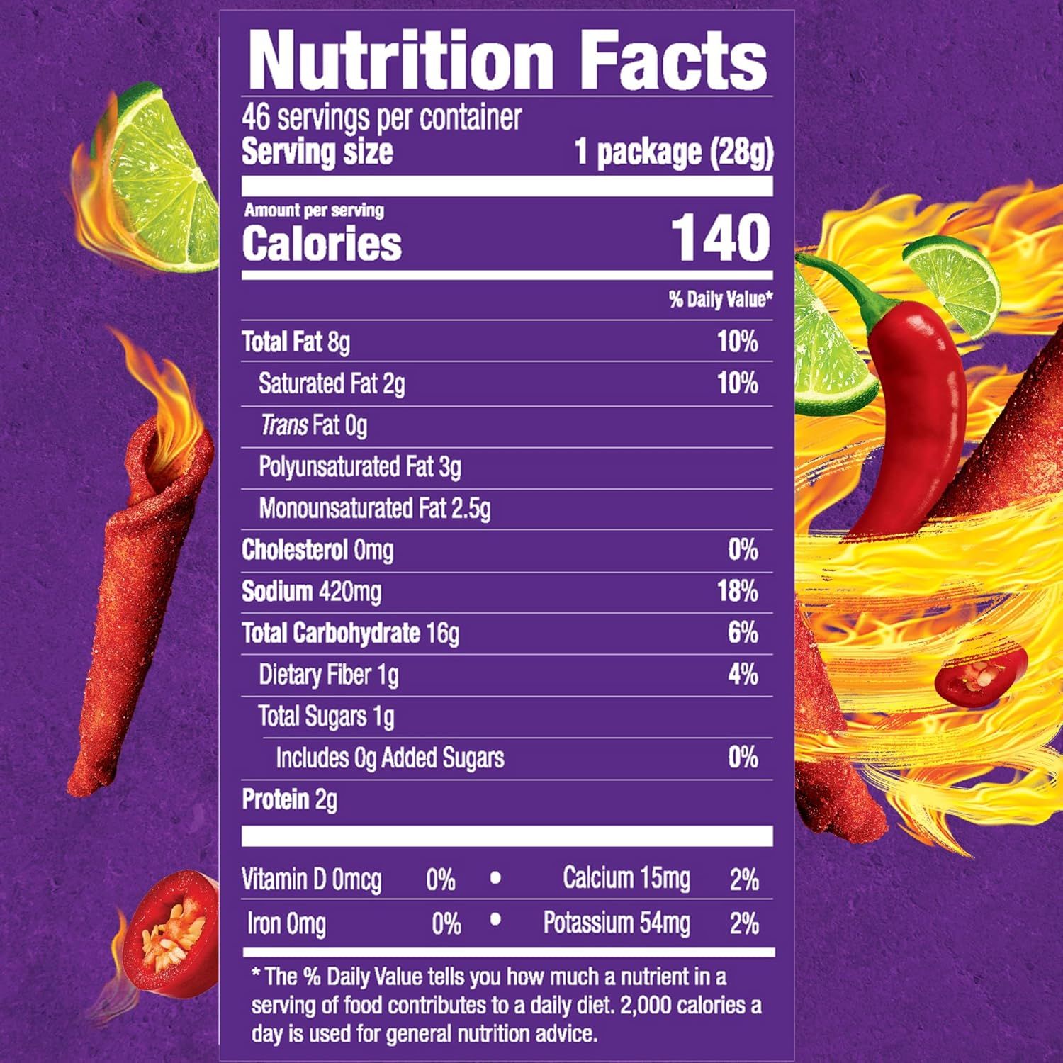 Nutrition facts label with colorful graphics on a purple background for takis fuego