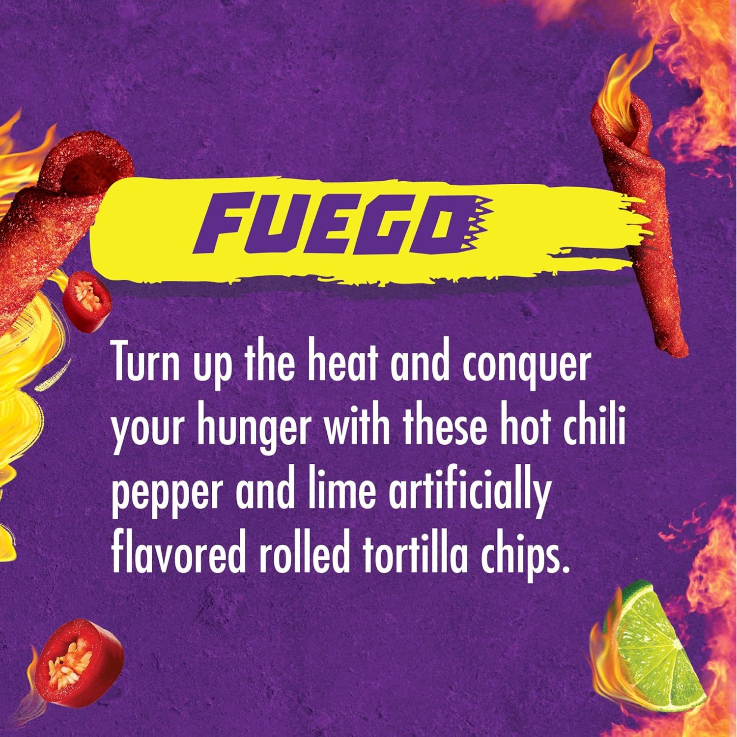 Promotional image for Fuego tortilla chips with chili peppers and lime on a purple background.