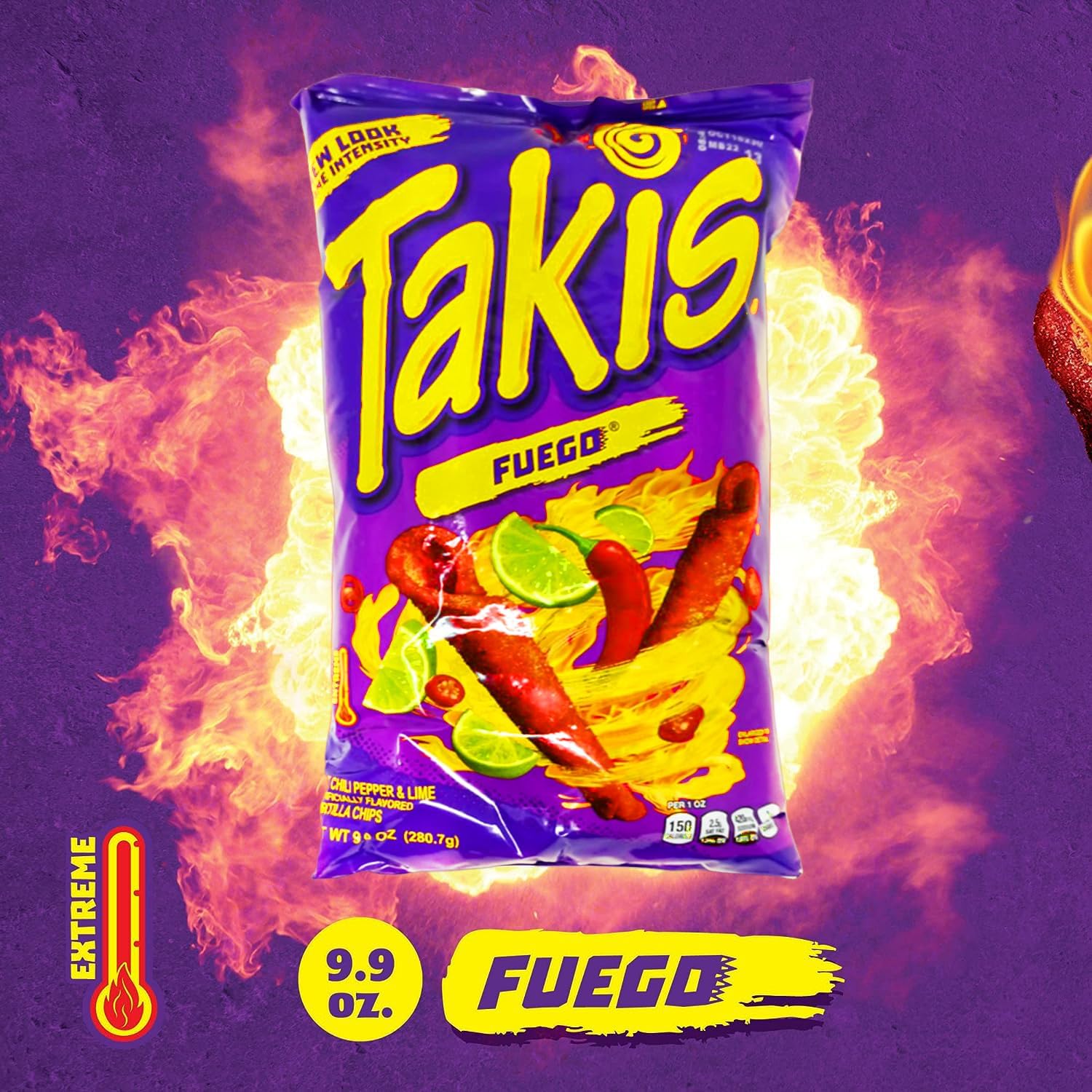 Takis Fuego snack bag with flames on a purple background