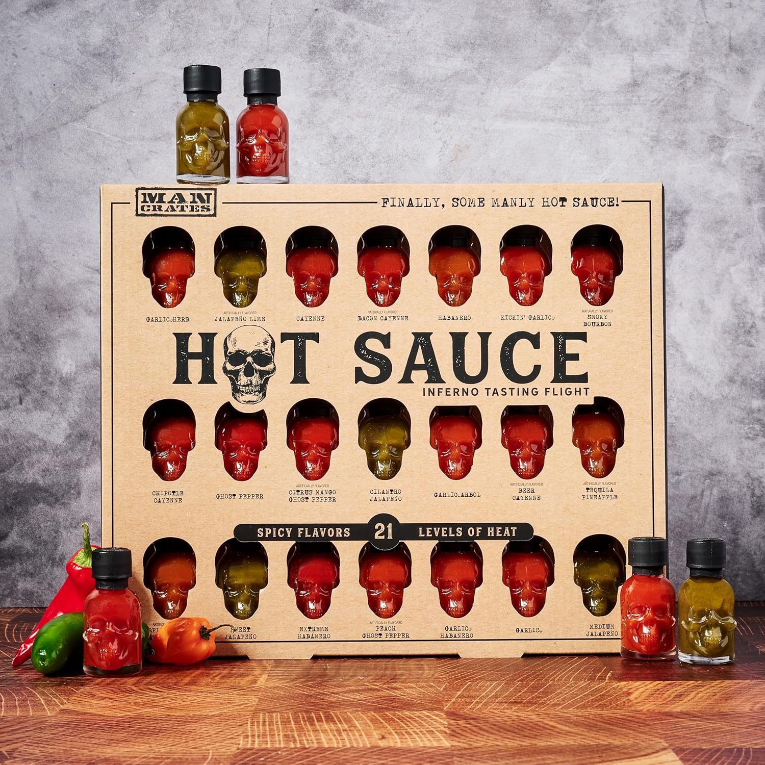Man Crates 21 Flavors Skull-Shaped Mini Hot Sauce