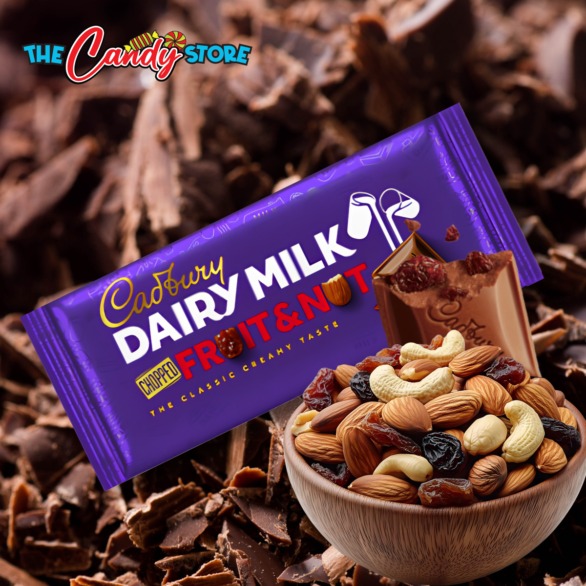 Cadbury Dairy Milk Fruit & Nut chocolate bar packaging in purple, shown with a broken chocolate bar and a bowl of mixed nuts and dried fruit on a background of chocolate shavings.