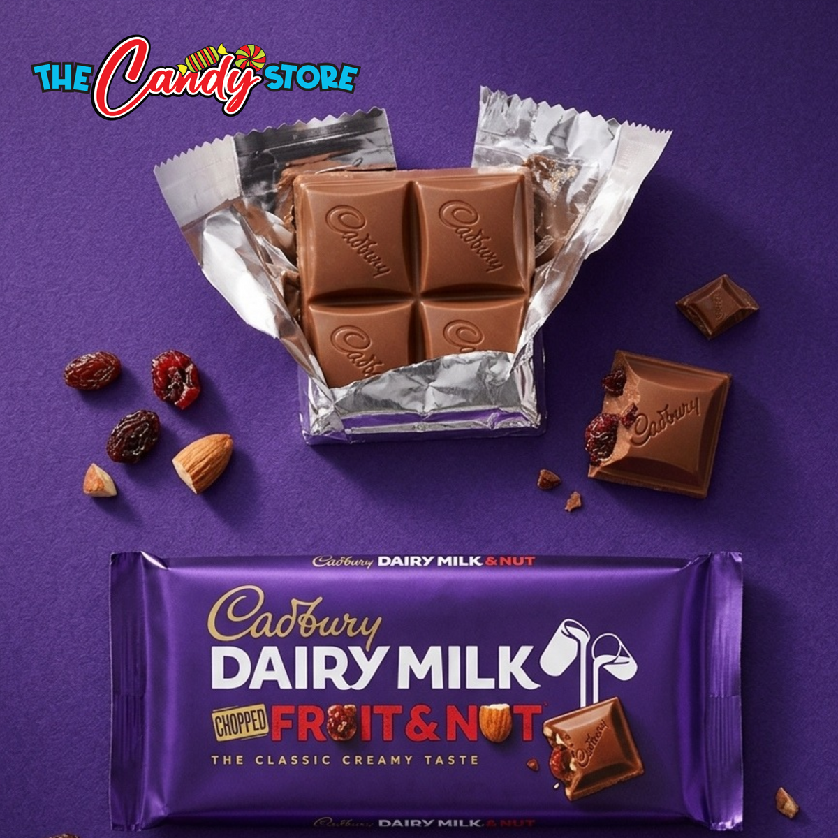 Cadbury Dairy Milk chocolate bar packaging and a partially unwrapped chocolate block on a purple background, with scattered dried fruit and almonds.