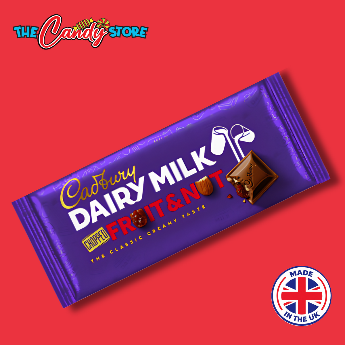 A Cadbury Dairy Milk Fruit & Nut chocolate bar in its signature purple wrapper