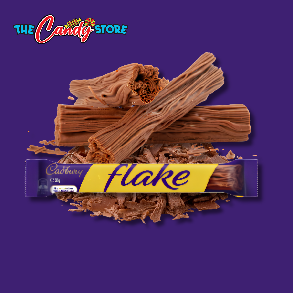 Cadbury Flake 32g pack with the unwrapped chocolate bar and flaky chocolate pieces in the background.