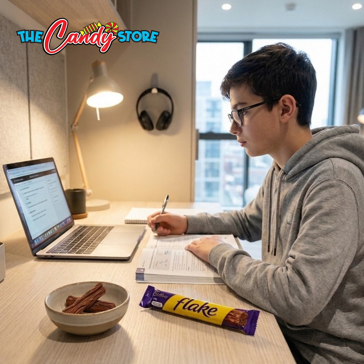 Cadbury Flake 32g pack with an unwrapped chocolate bar and flaky chocolate pieces in a bowl beside a student studying on a laptop in his bedroom.
