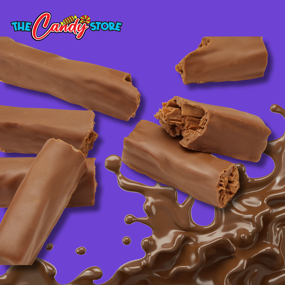 Cadbury Twirl chocolate bar with its flaky chocolate interior and a chocolate splash in the background.