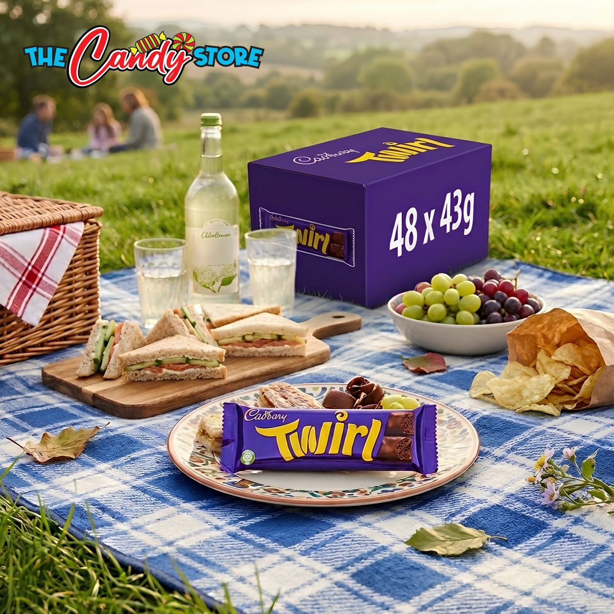 Flat lay of picnic foods with a Cadbury Twirl pack and chocolate box.