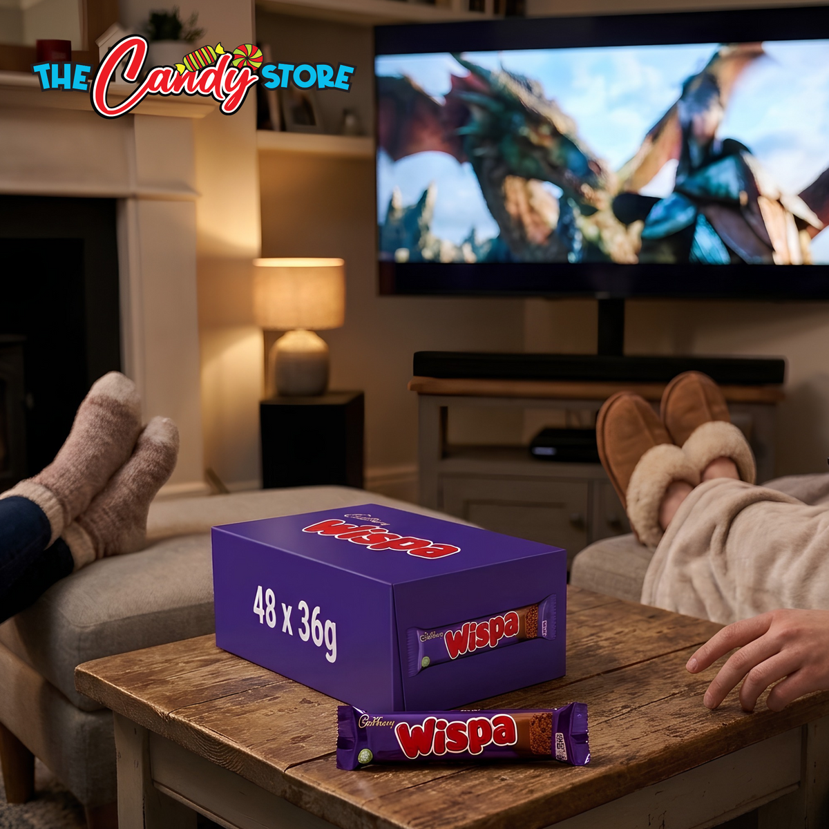 Cadbury Wispa Duo 36g pack beside a box of Wispa chocolates as a couple watches a movie.