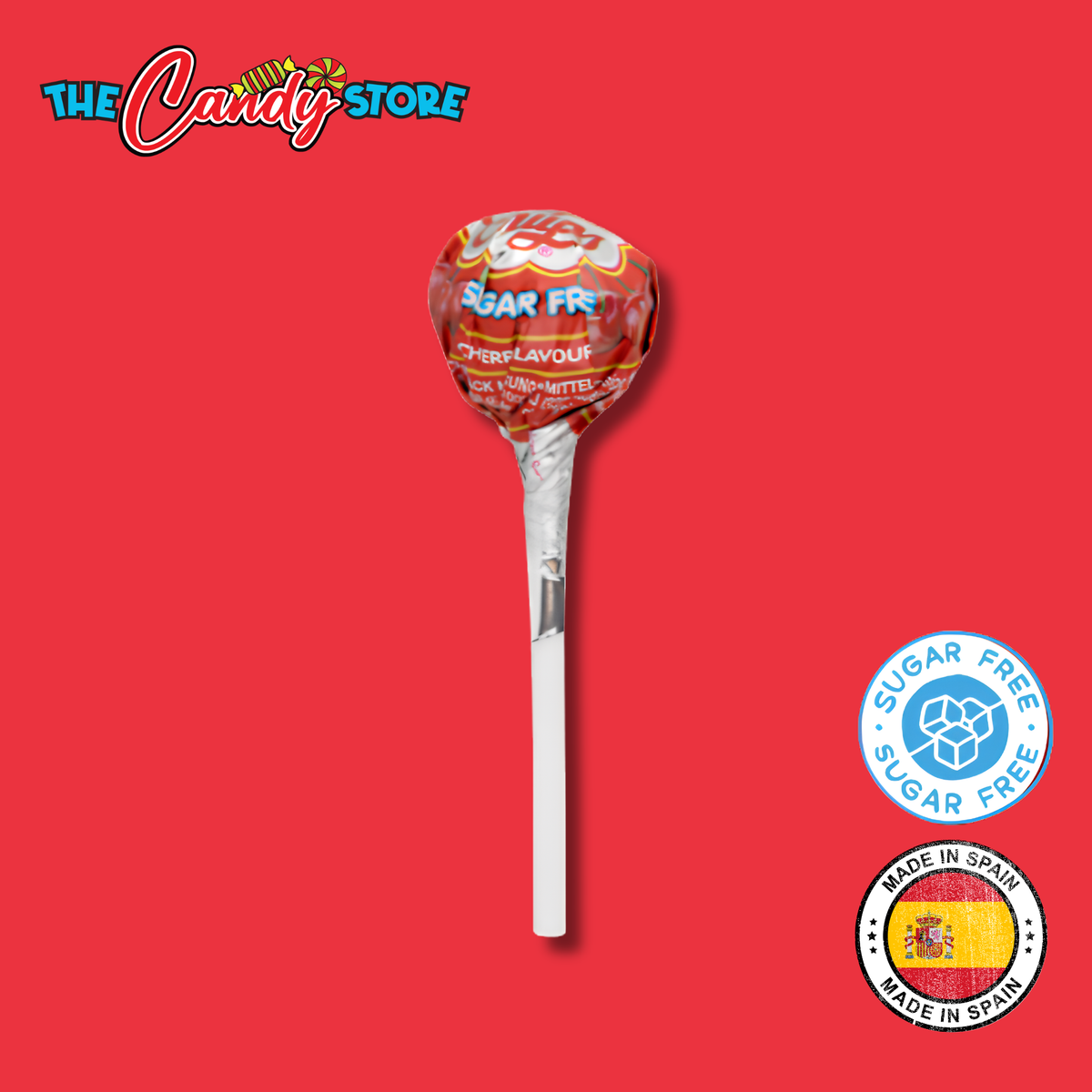A sugar-free cherry-flavored lollipop