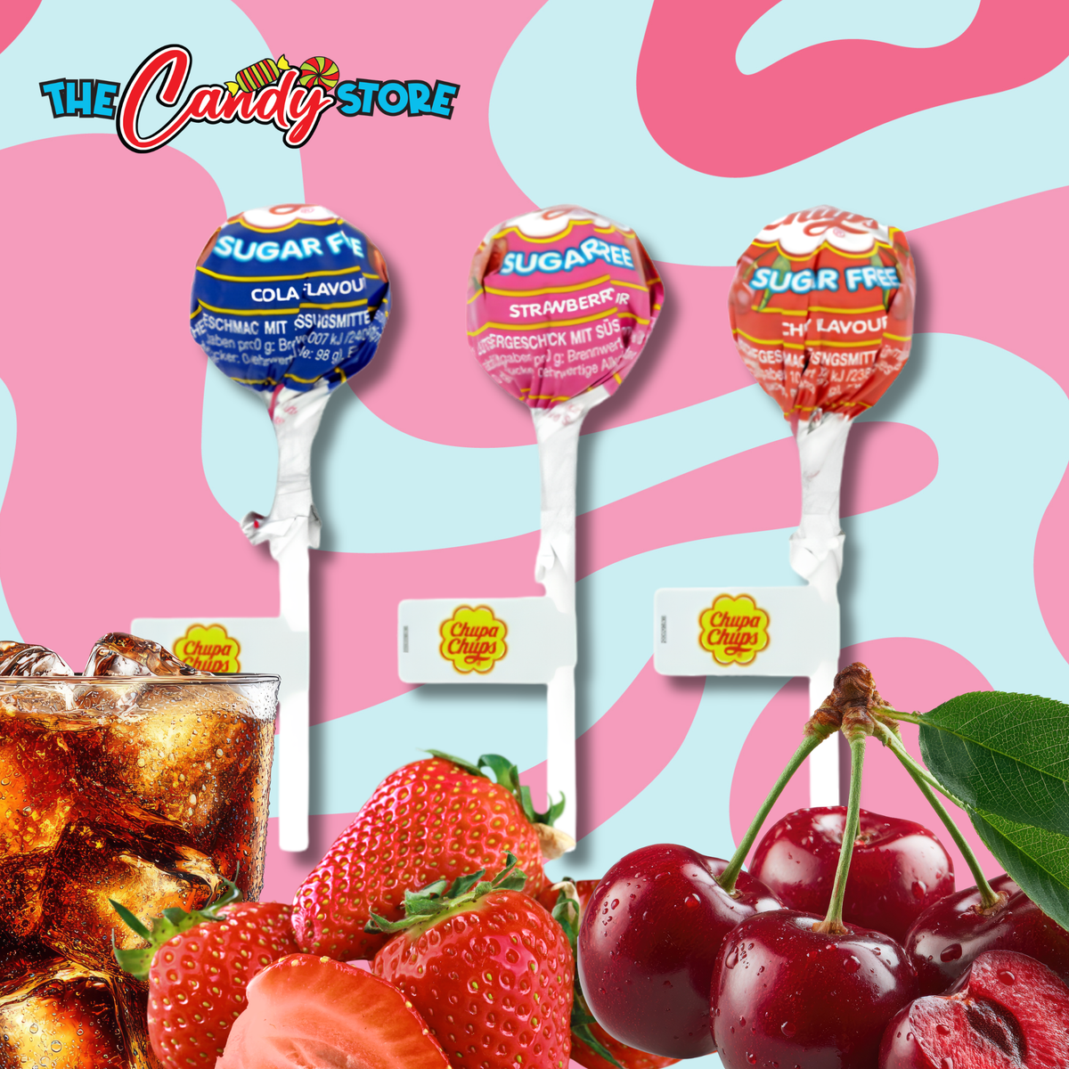 Three ChupaChups lollipops on sticks against a pink and light blue wavy background, with strawberries, cherries, and a glass of cola at the bottom.