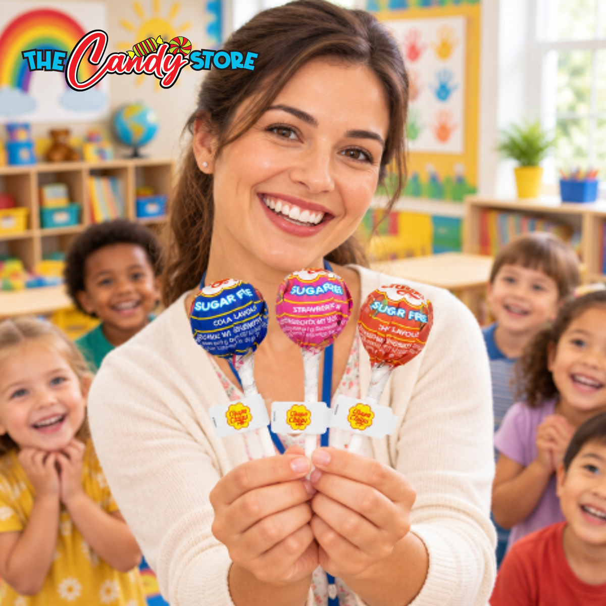 A smiling woman in a white sweater holds four colorful sugar-free lollipops in front of a group of happy children in a bright classroom. 