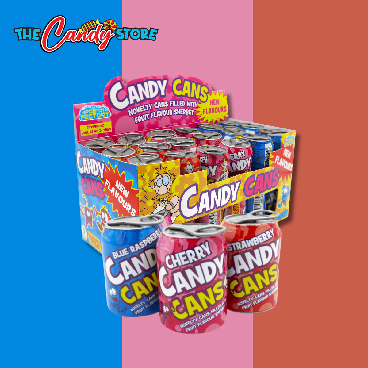 A display box and individual cans of novelty fruit-flavoured candy cans from crazy Candy factory 