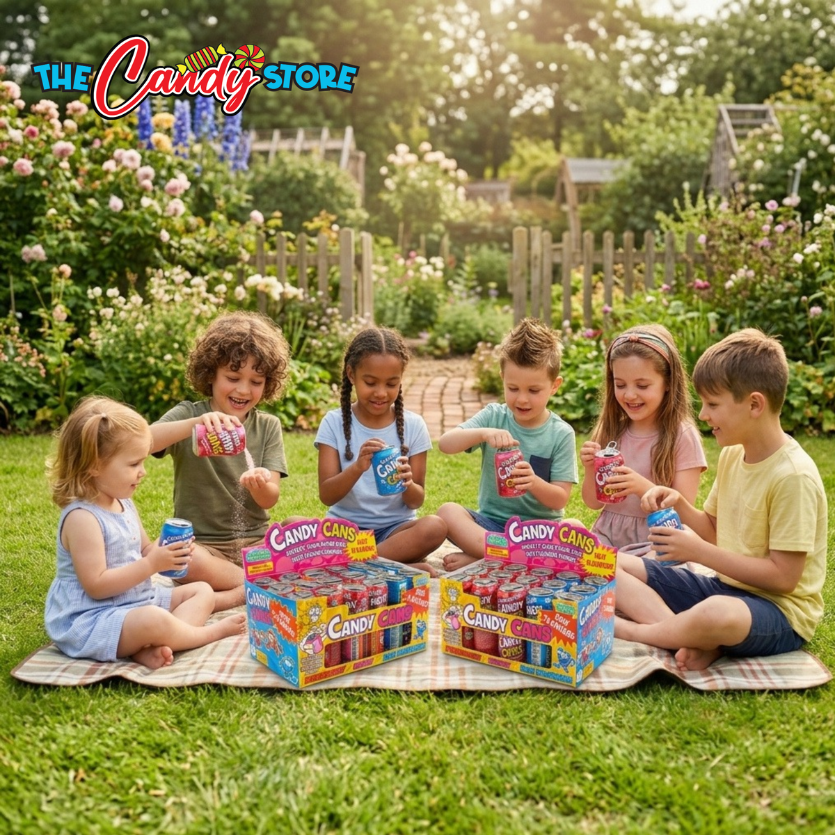 Six children sitting on a plaid blanket in a sunny garden, holding colorful crazy Candy factory candy cans in different flavors 
