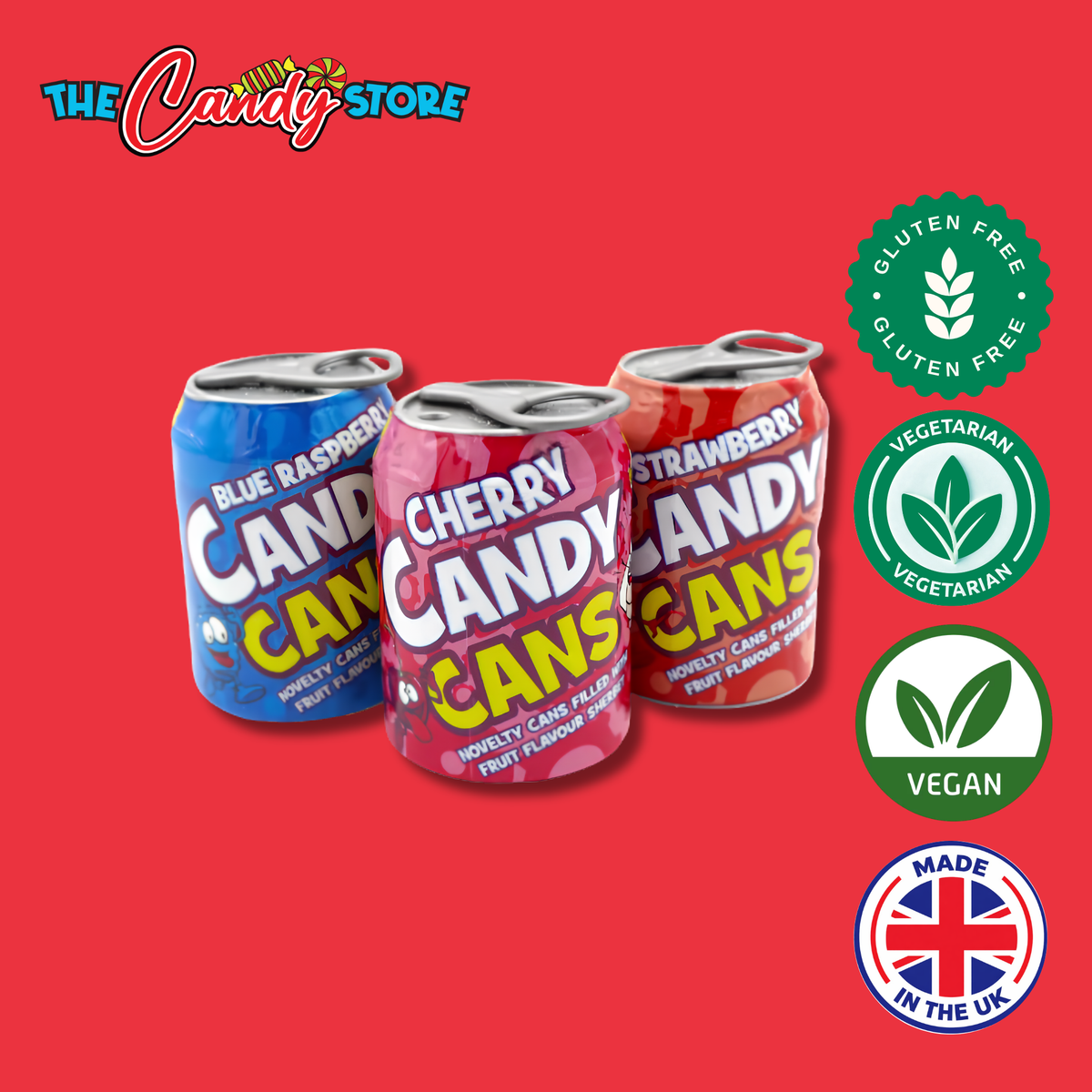 Three cans of crazy Candy Factory Candy Cans, fruit-flavored variants