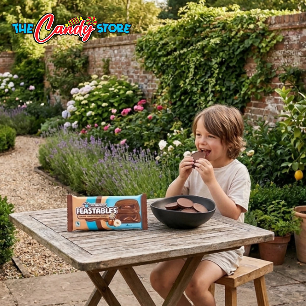 A child sits at a wooden table in a garden setting, eating chocolate-covered treats from a bowl, a package of Mr beast feastable chocolate hazelnut on the table
