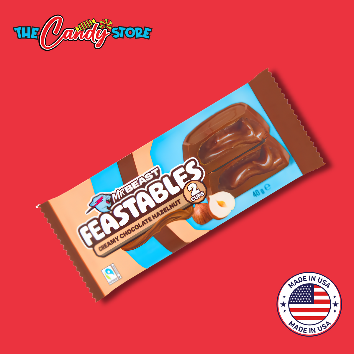a pack of Mr beast feastables creamy chocolate hazelnut, showing country origin