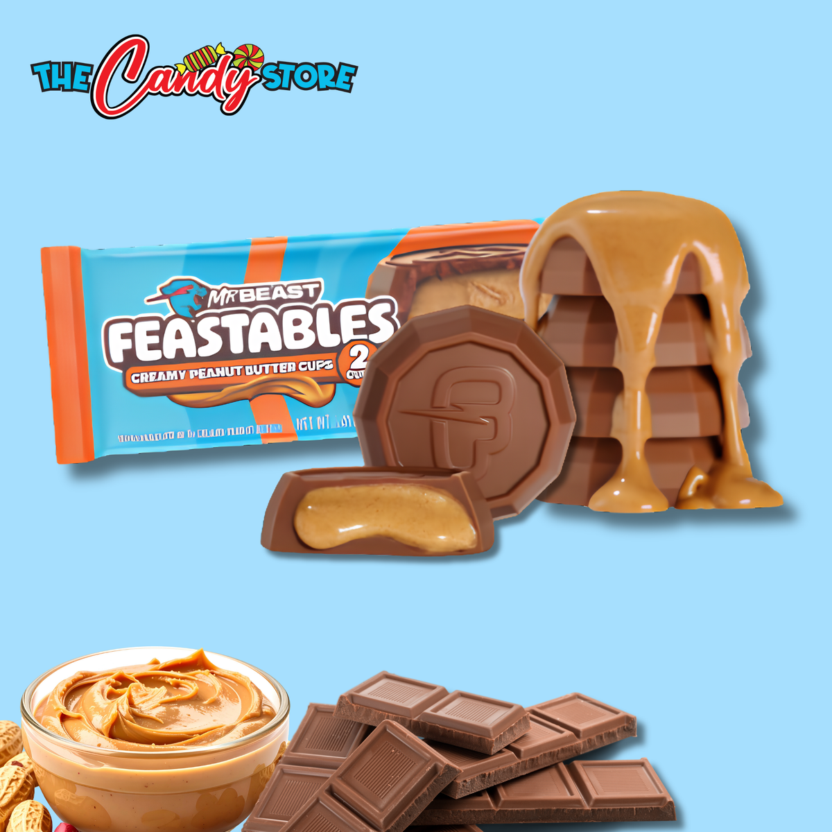 Mr. Beast Feastables creamy peanut butter cups shown with their blue and orange wrapper, a chocolate-coated cup, a peanut butter-filled cup, caramel drizzle, and peanut butter cups 