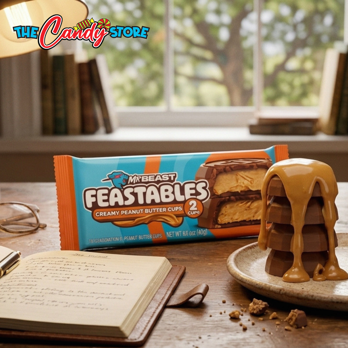 Mr. Beast Feastables creamy peanut butter cups in a blue and orange wrapper, displayed on a wooden table next to a stack of chocolate-covered peanut butter cups dripping with caramel sauce, with an open notebook and glasses in the foreground and a window in the background.