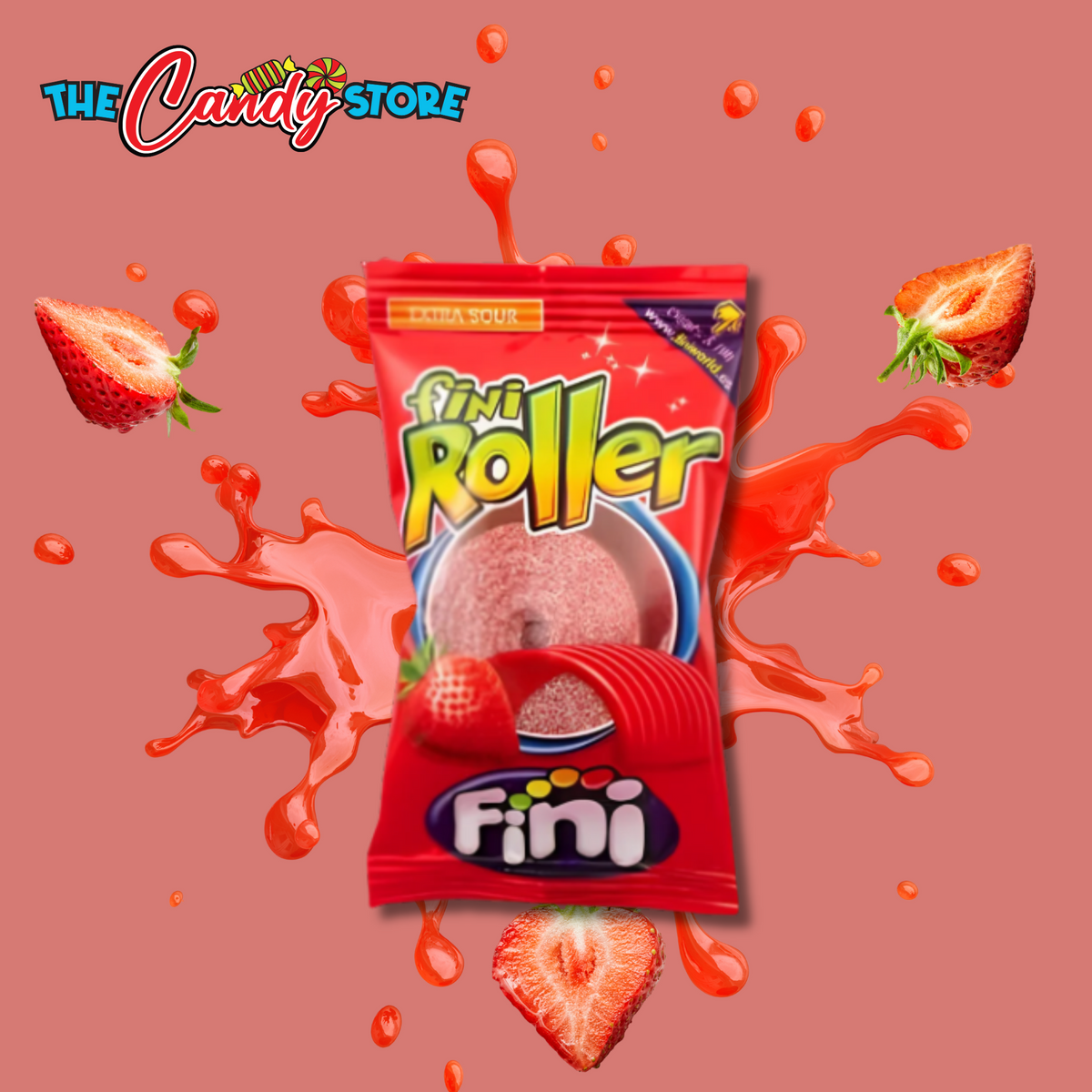 Fini Roller Fizz Strawberry candy with a burst of fresh strawberries in the background.