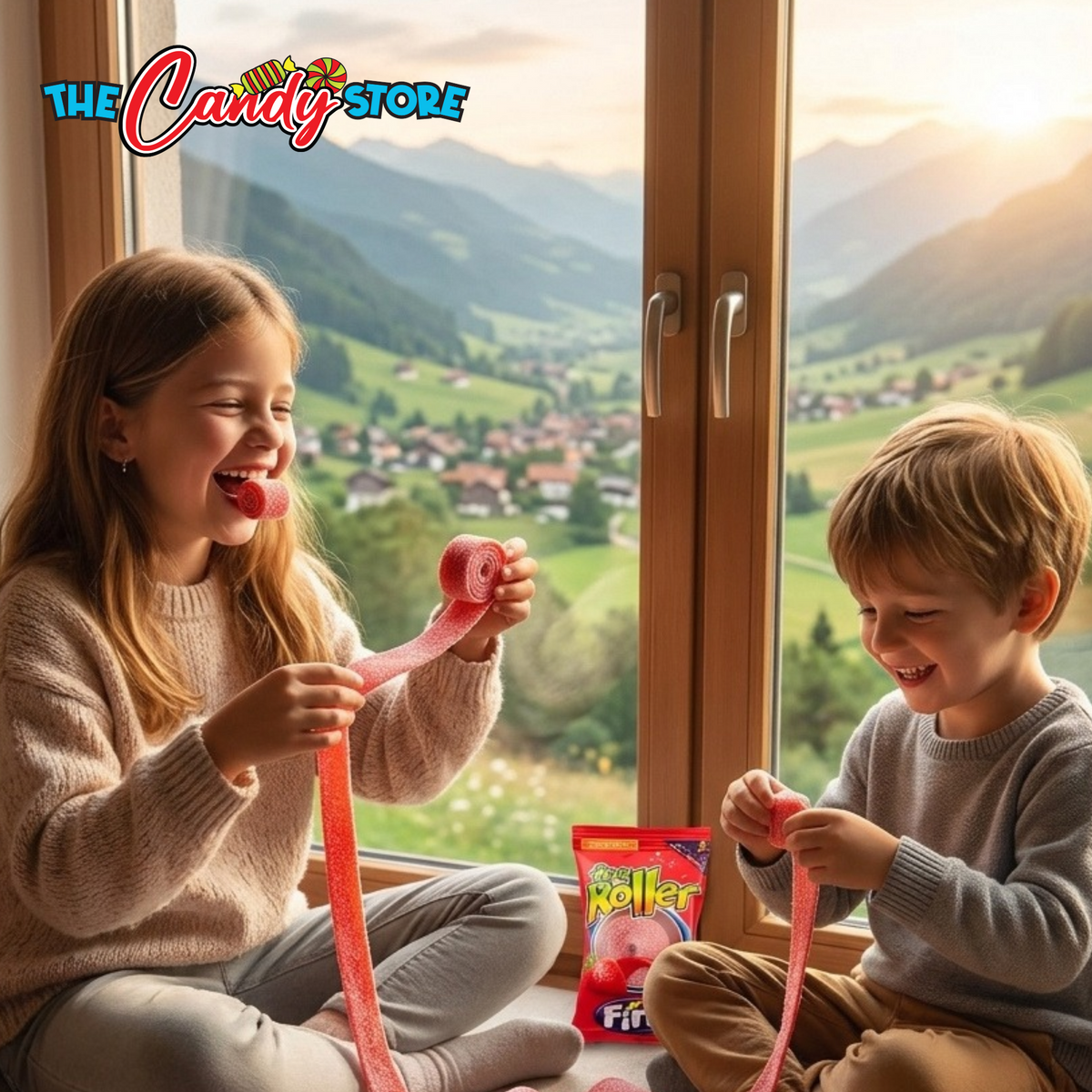 Children enjoying Fini Roller Fizz Strawberry candy by a window overlooking the town.