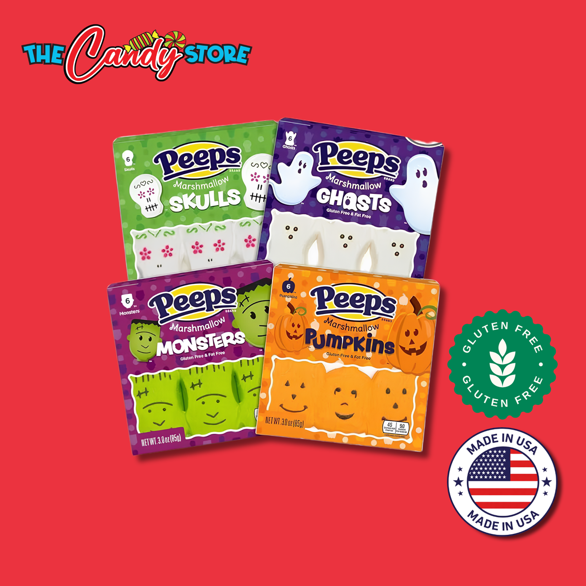 Four bags of Peeps Halloween-themed marshmallow candies 