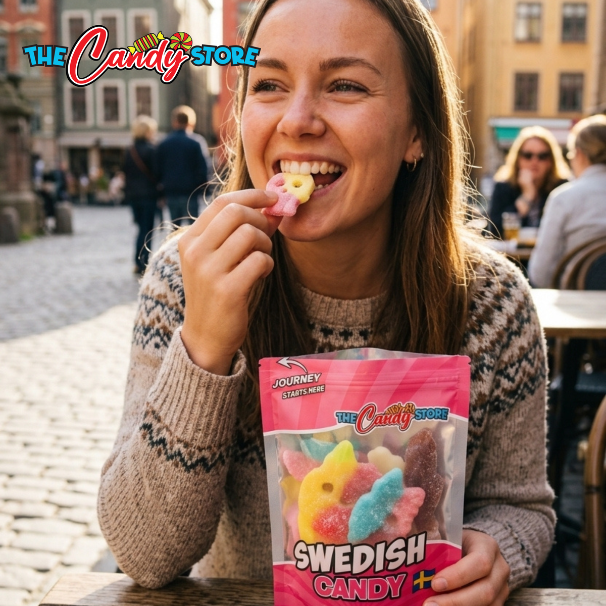 A woman smiling outdoors while eating a piece of swedish candy and holding a bag of The Candy Store Swedish Candy. 