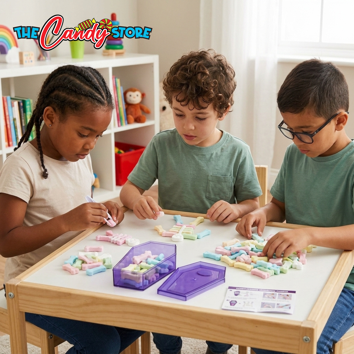 Three children sitting at a small wooden table building structures with pastel-colored candy pieces. 