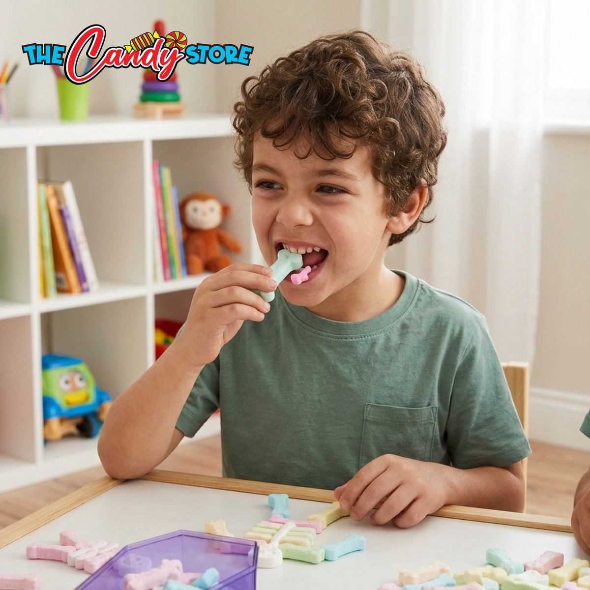 A young boy with curly brown hair smiles while eating Crazy Candy Factory Bone Breaker, in a brightly lit room. He is wearing a green t-shirt and sitting at a table with colorful candies scattered around.