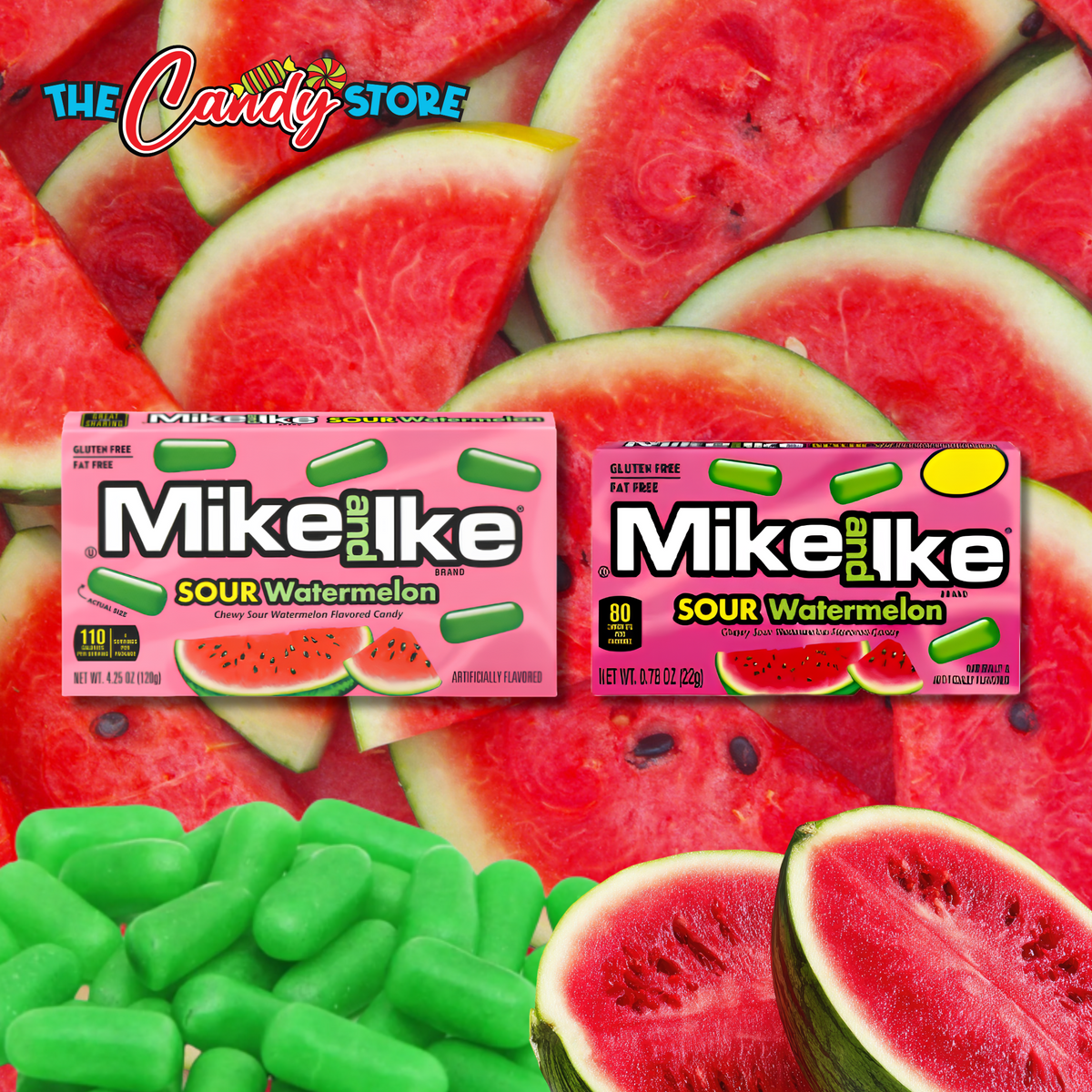 Mike and Ike Sour Watermelon candy packs in 22g and 120g sizes, with fresh watermelon slices in the foreground.