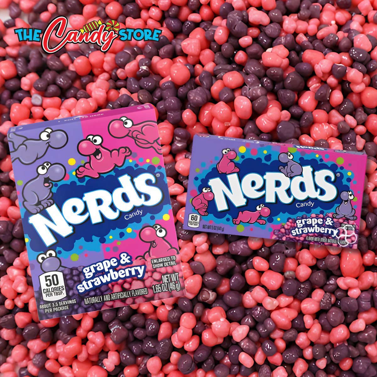 Two boxes of Nerds Grape & Strawberry candy placed on top of a dense pile of pink and purple candy pieces. 