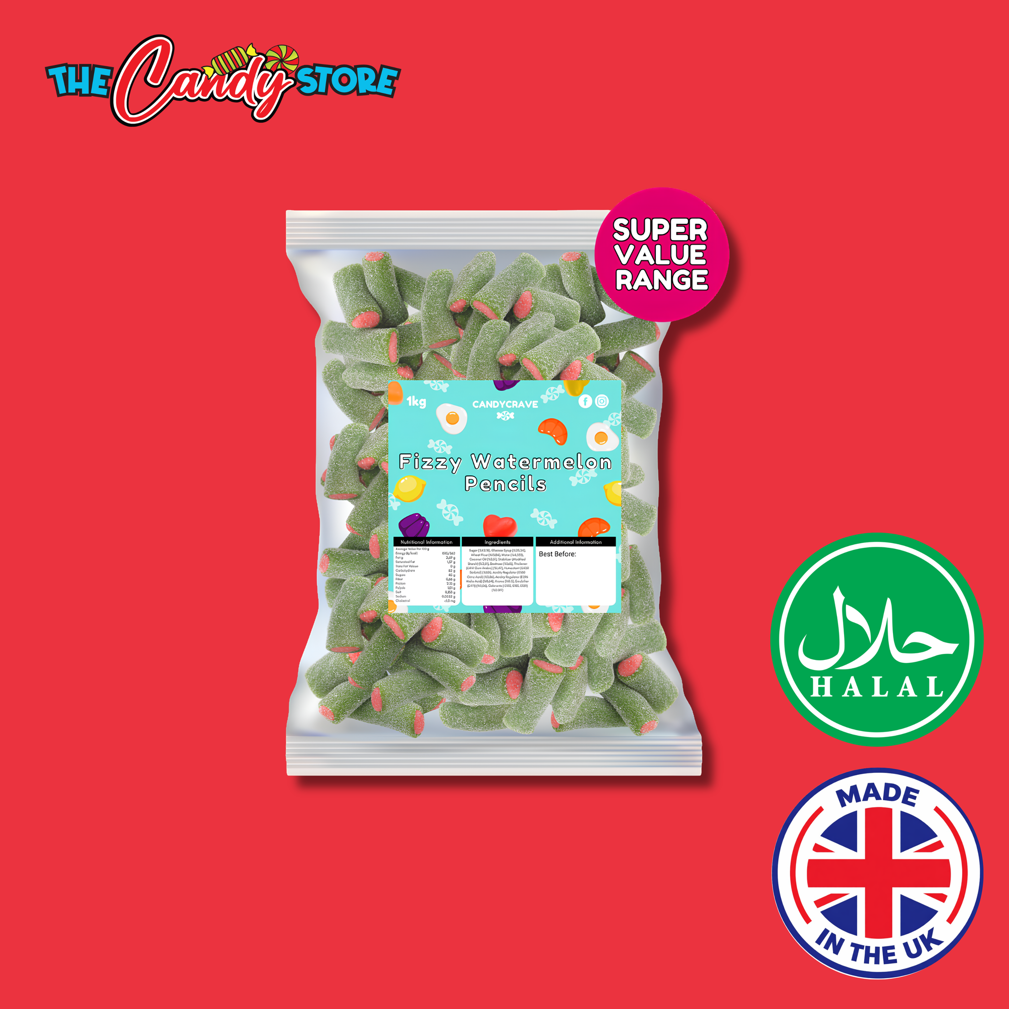 Candycrave Super Value Fizzy Watermelon Pencils 1kg