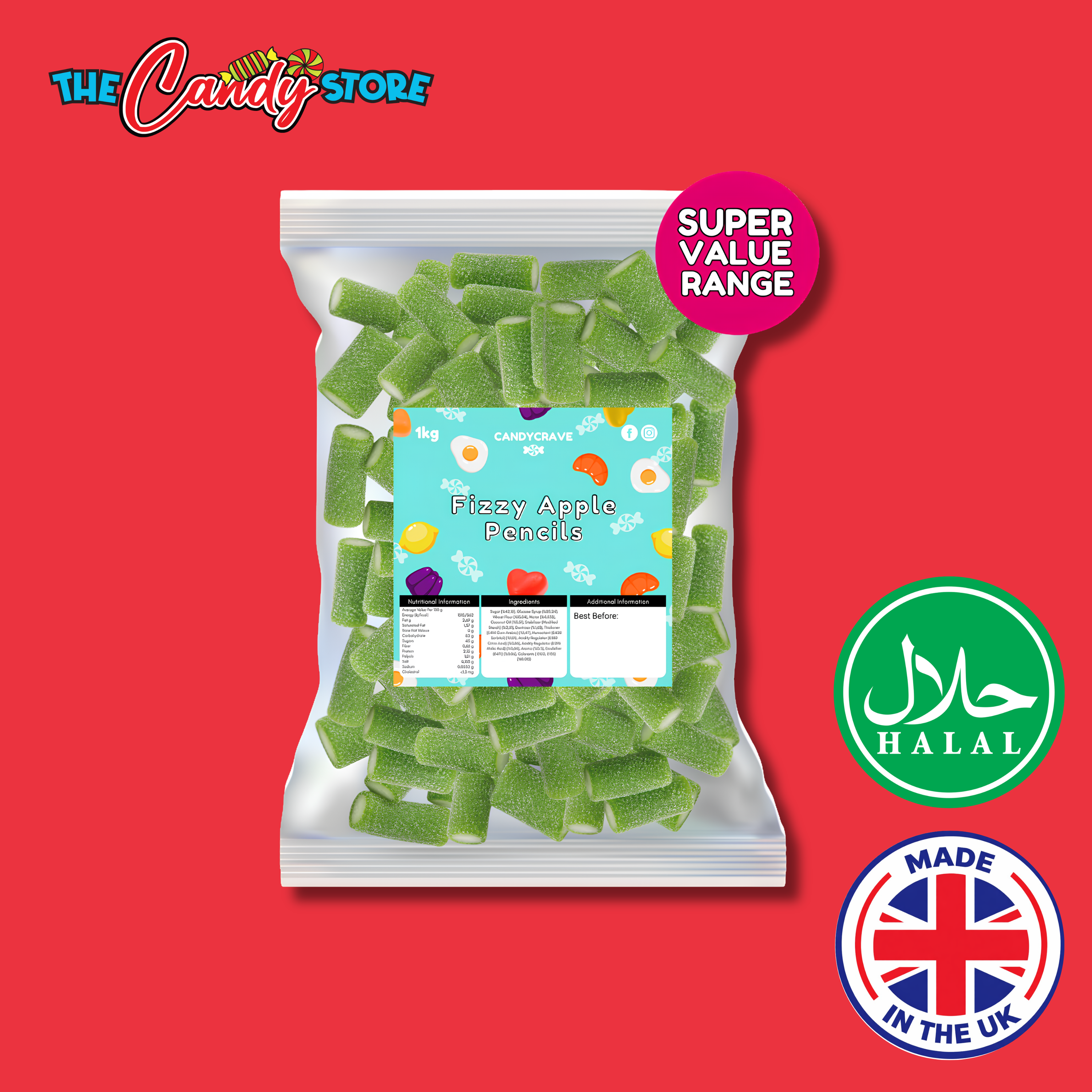 Candycrave Super Value Fizzy Apple Pencils 1kg