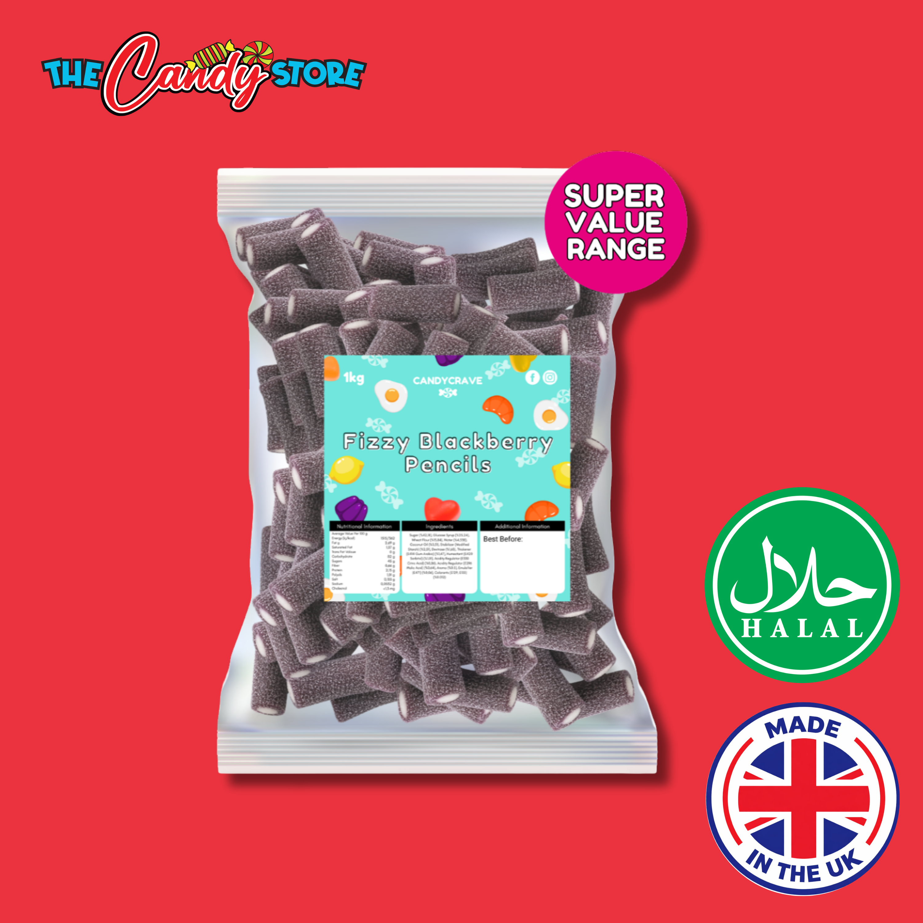Candycrave Super Value Fizzy Blackberry Pencils 1kg