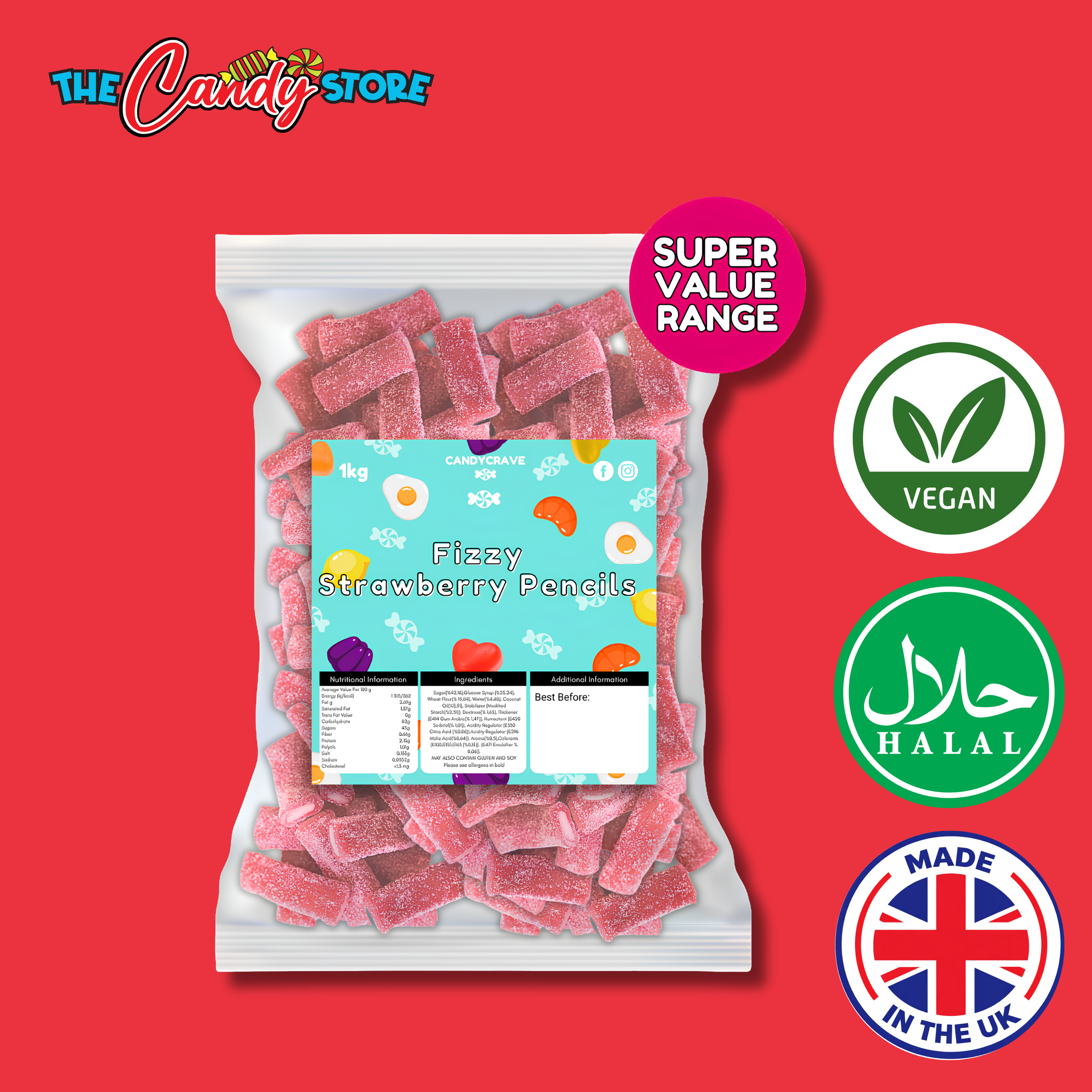 Candycrave Super Value Fizzy Strawberry Pencils 1Kg