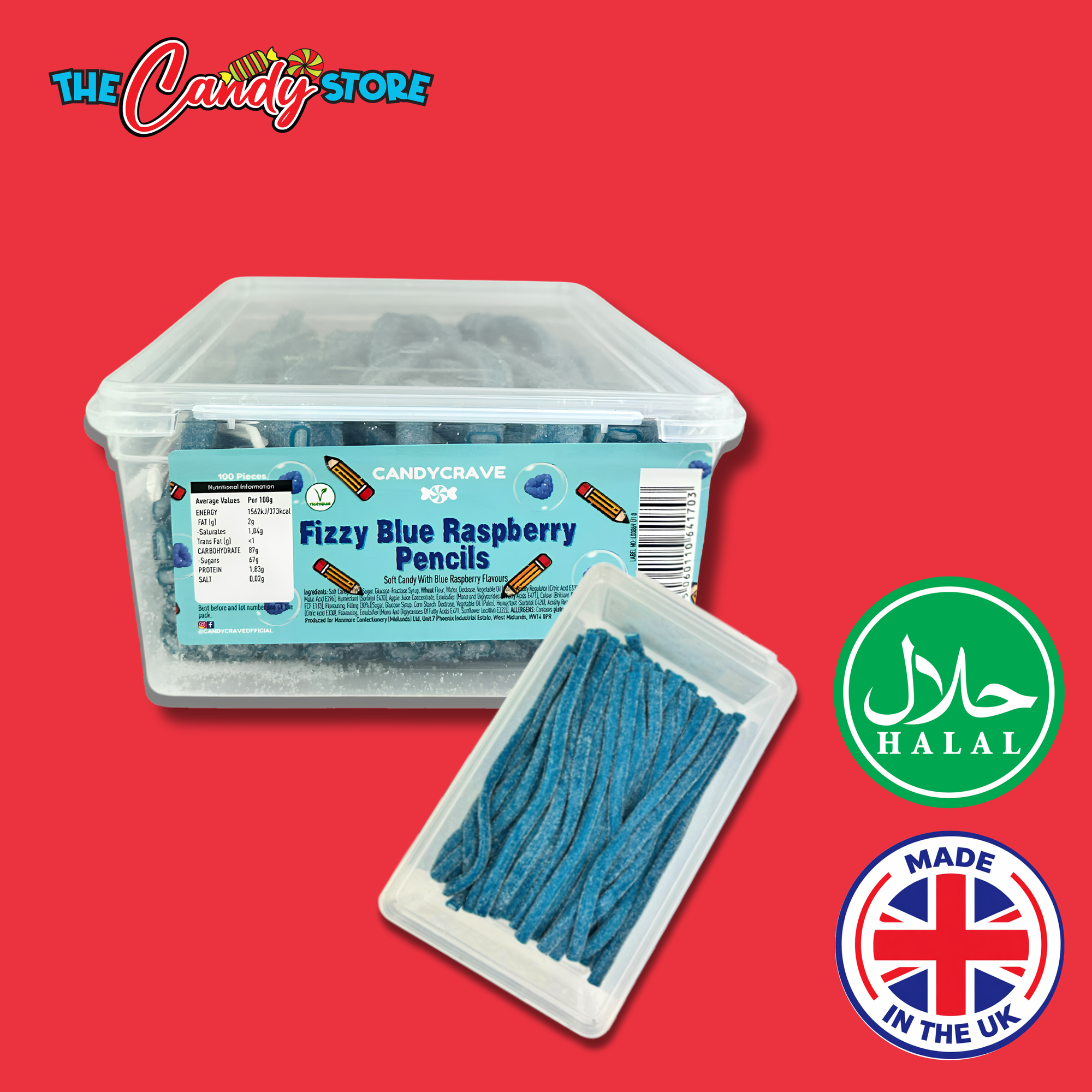 Candycrave Sour Blue Raspberry Pencils Tub 100 Count