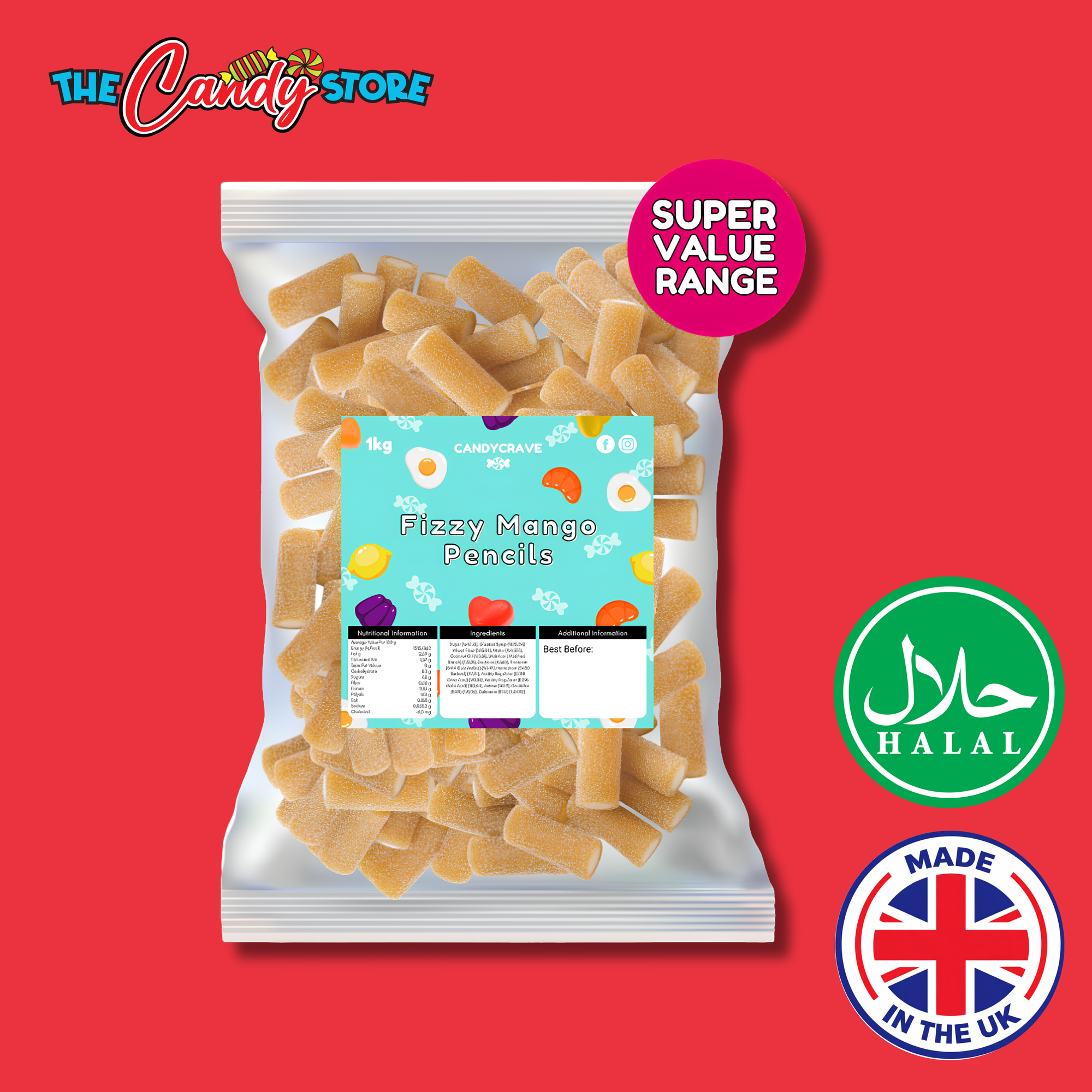 Candycrave Super Value Fizzy Mango Pencils 1kg