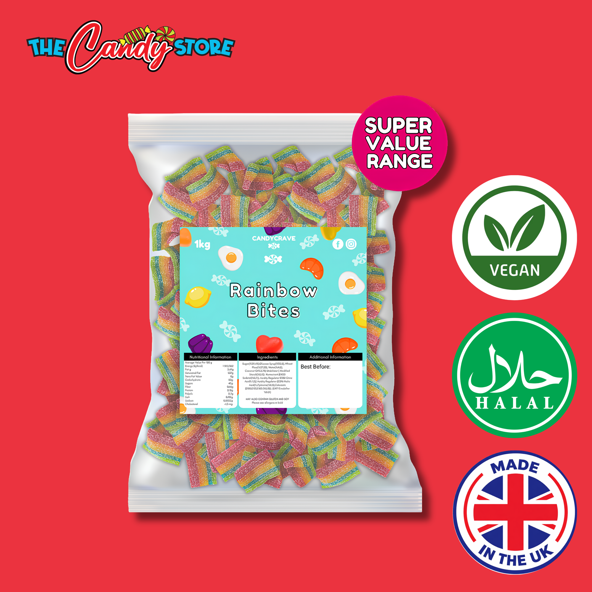 Candycrave Super Value Fizzy Rainbow Belts 1Kg