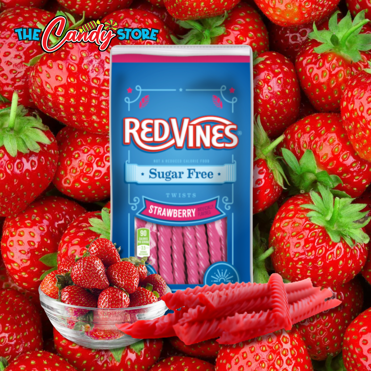 Fresh strawberries in the foreground, with a Red Vines Sugar-Free Strawberry Twists pack and a bowl of strawberries on a wooden table.