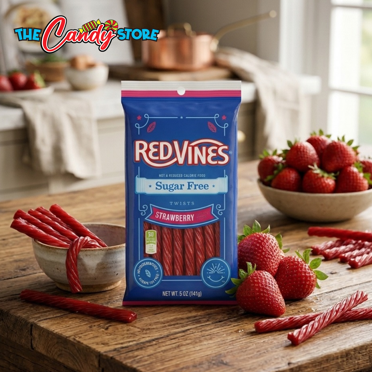 Red Vines Sugar-Free Strawberry Twists on a wooden table surrounded by fresh strawberries.