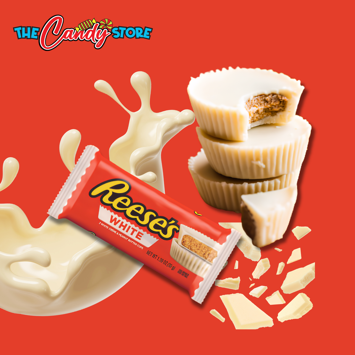 A Reese's White chocolate candy bar wrapper lies on a red background with white chocolate splashes, broken white chocolate pieces, and a stack of white chocolate peanut butter cups. 