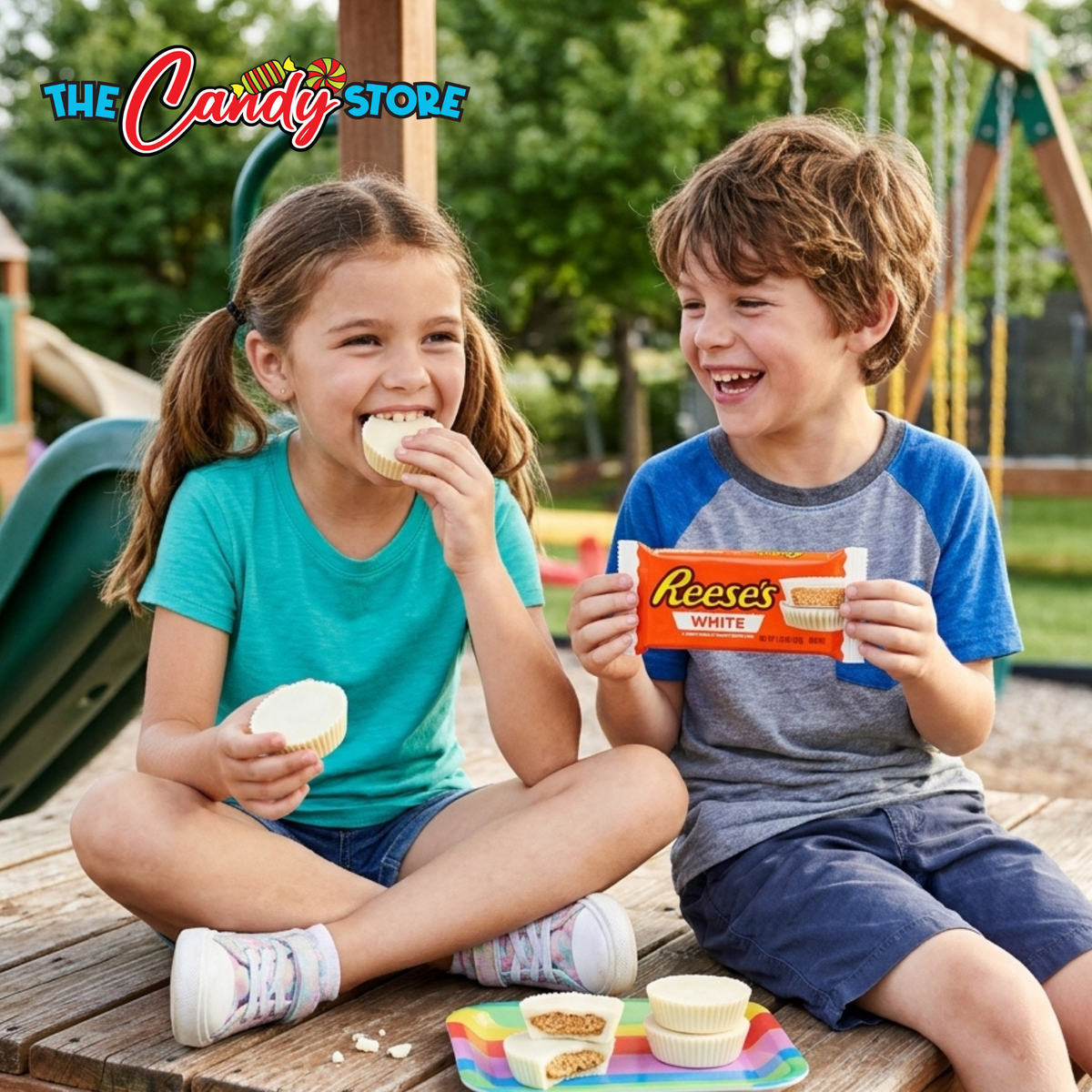 Two children sitting on a wooden playground bench outdoors, eating cupcakes and holding Reese's White Chocolate Dip packages. The scene is set in a park-like environment with trees and playground equipment in the background.