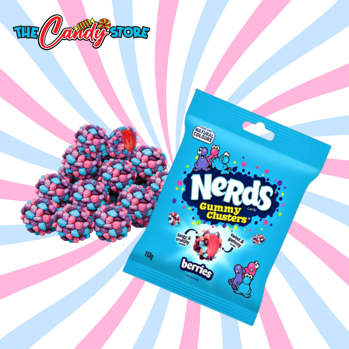 A bag of Nerds Gummy Clusters Berries candy is shown next to a pile of the pink and blue gummy candies.