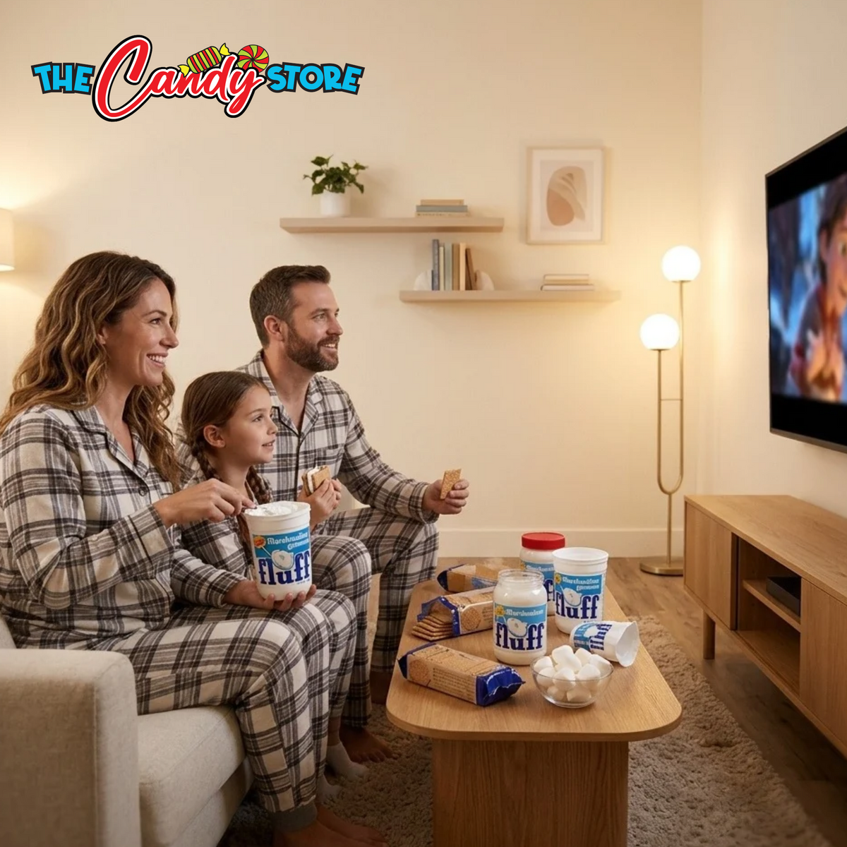 A family of three in matching plaid pajamas sits on a couch in a cozy living room, watching TV while eating marshmallows. 