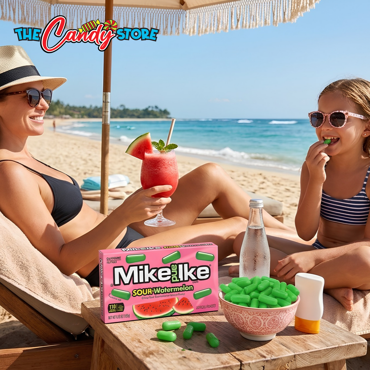 A lifestyle scene on a sunny beach shows two women relaxing in lounge chairs under a umbrella, with a table in the foreground displaying a box of Mike and Ike Sour Watermelon candy, green candy pieces, a bowl, and a bottle. 
