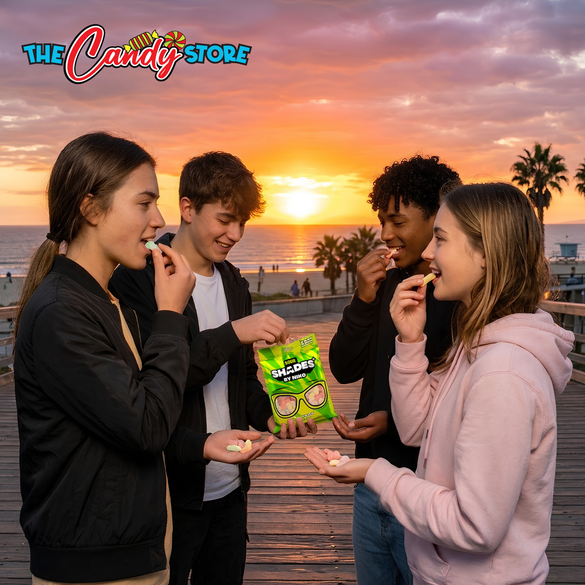 Four young adults standing on a wooden boardwalk at sunset, eating candy and looking at a green bag of sour shades by Niko ultimate vibes. 