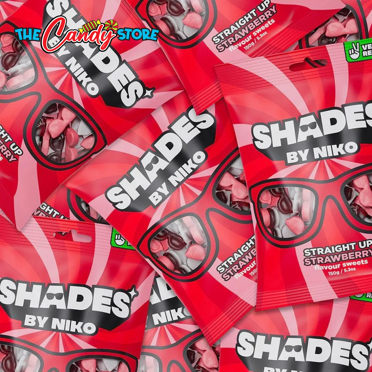 Several red candy bags from Shades By Niko straight up strawberry flavor