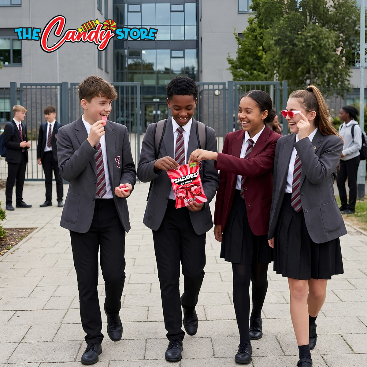 Four school children in uniform walking outdoors on a paved campus path, with one holding a bag of shades by Niko Straight up strawberry.